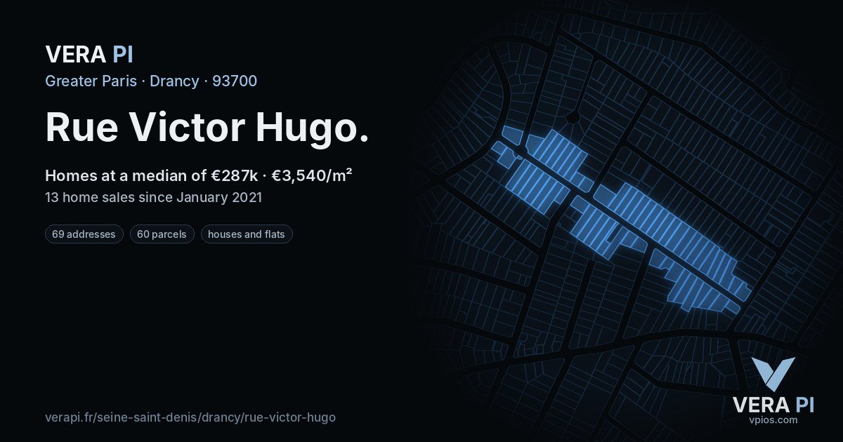 Rue Victor Hugo, Drancy at night – every parcel coloured by the prices around it, the street's own parcels lit