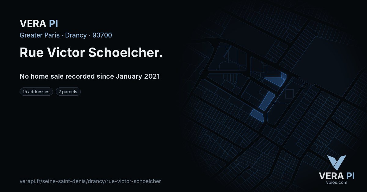 Rue Victor Schoelcher, Drancy at night – every parcel coloured by the prices around it, the street's own parcels lit