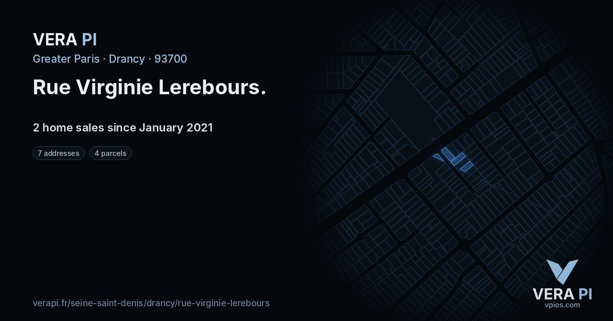 Rue Virginie Lerebours, Drancy at night – every parcel coloured by the prices around it, the street's own parcels lit