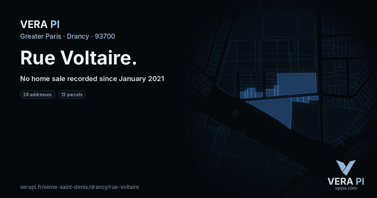 Rue Voltaire, Drancy at night – every parcel coloured by the prices around it, the street's own parcels lit