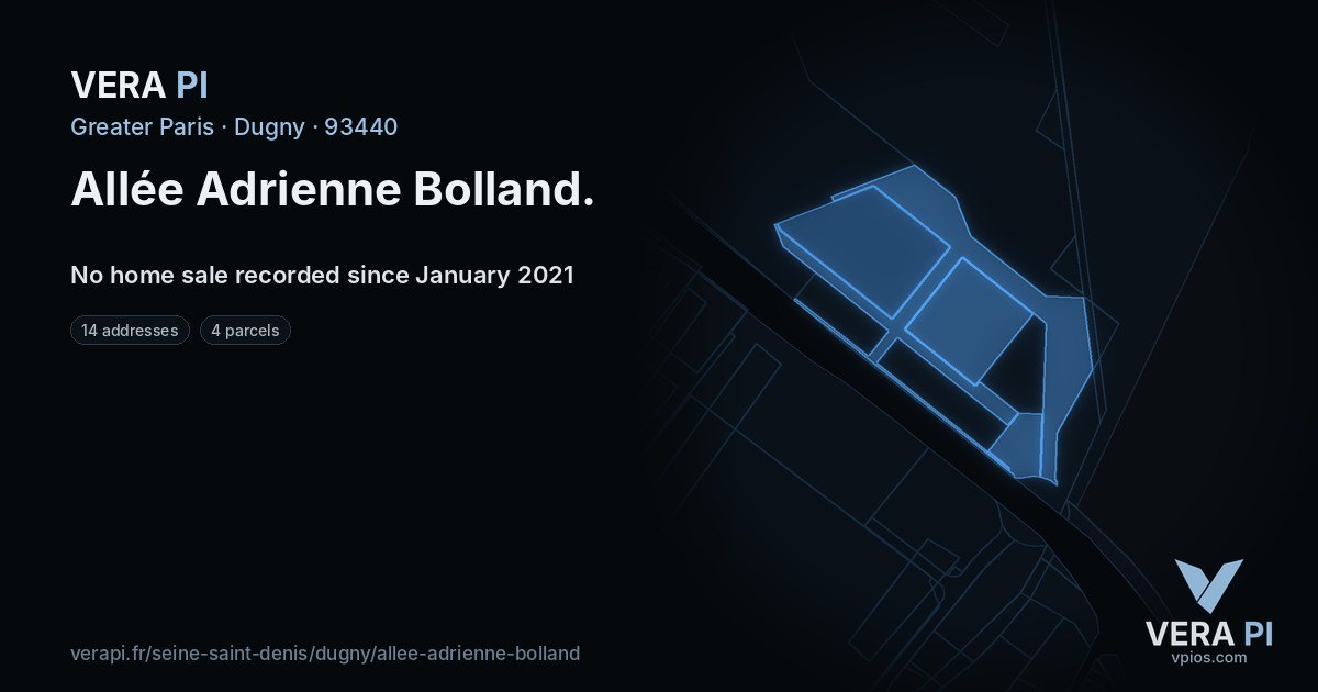 Allée Adrienne Bolland, Dugny at night – every parcel coloured by the prices around it, the street's own parcels lit
