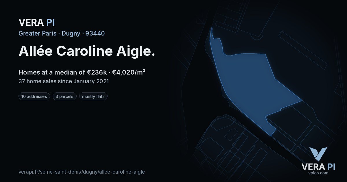 Allée Caroline Aigle, Dugny at night – every parcel coloured by the prices around it, the street's own parcels lit