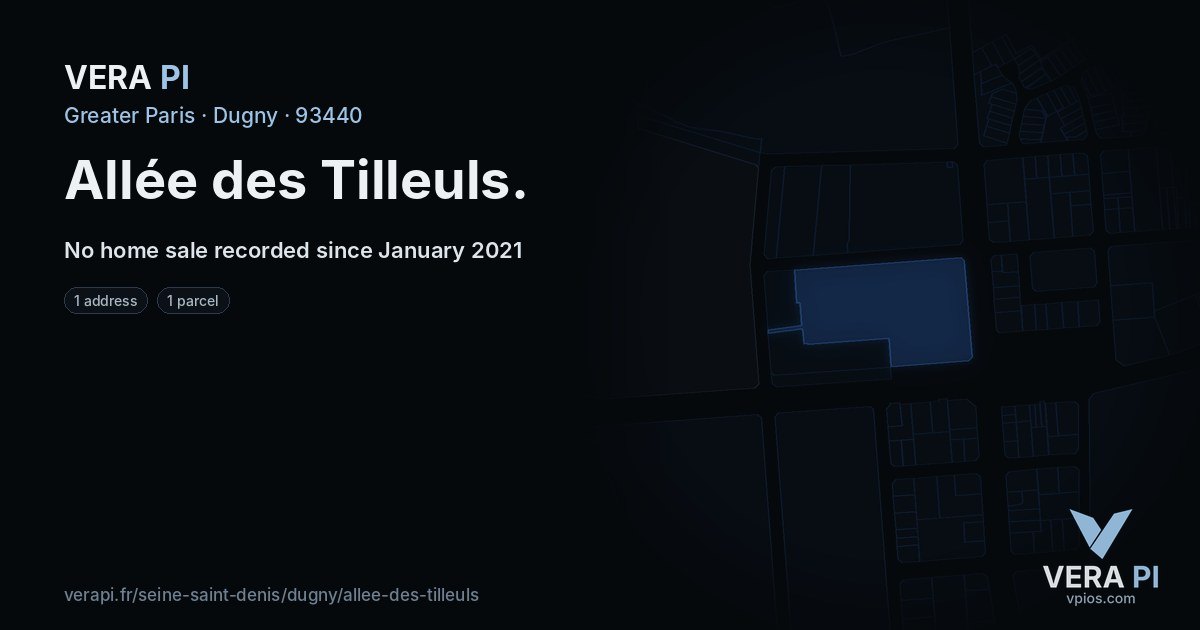 Allée des Tilleuls, Dugny at night – every parcel coloured by the prices around it, the street's own parcels lit