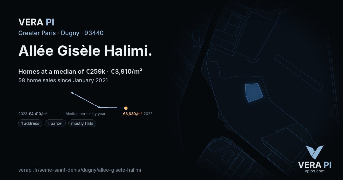 Allée Gisèle Halimi, Dugny at night – every parcel coloured by the prices around it, the street's own parcels lit