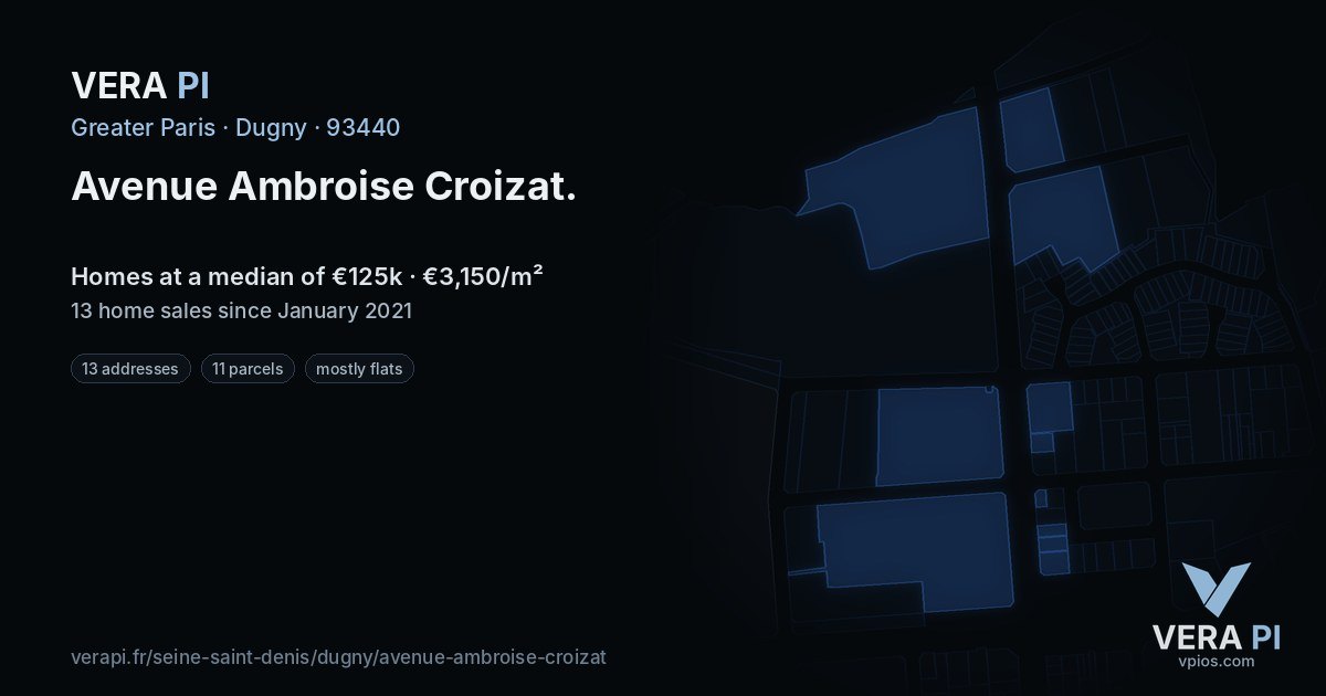Avenue Ambroise Croizat, Dugny at night – every parcel coloured by the prices around it, the street's own parcels lit