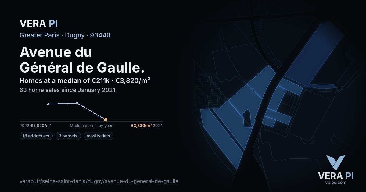 Avenue du Général de Gaulle, Dugny at night – every parcel coloured by the prices around it, the street's own parcels lit