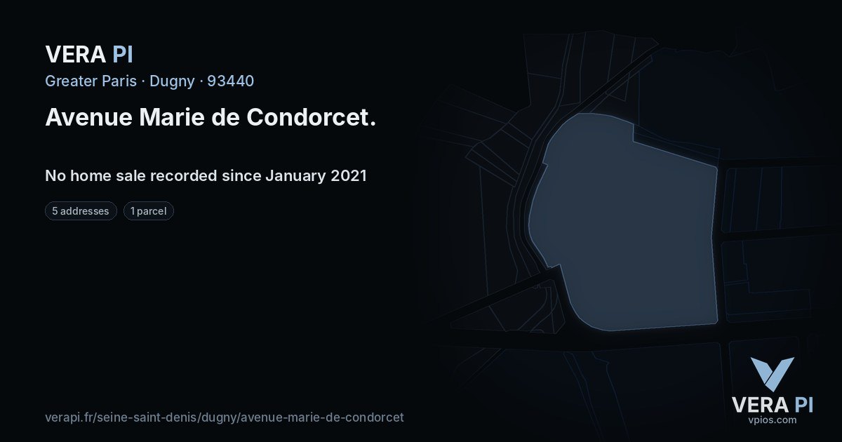Avenue Marie de Condorcet, Dugny at night – every parcel coloured by the prices around it, the street's own parcels lit