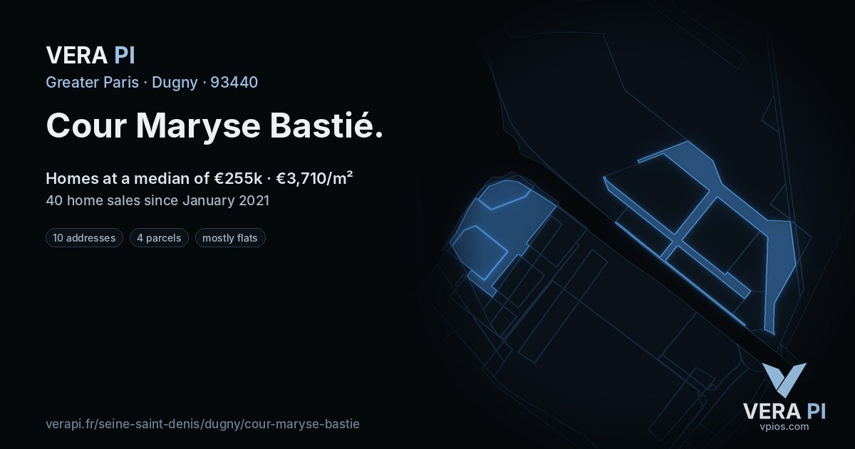 Cour Maryse Bastié, Dugny at night – every parcel coloured by the prices around it, the street's own parcels lit
