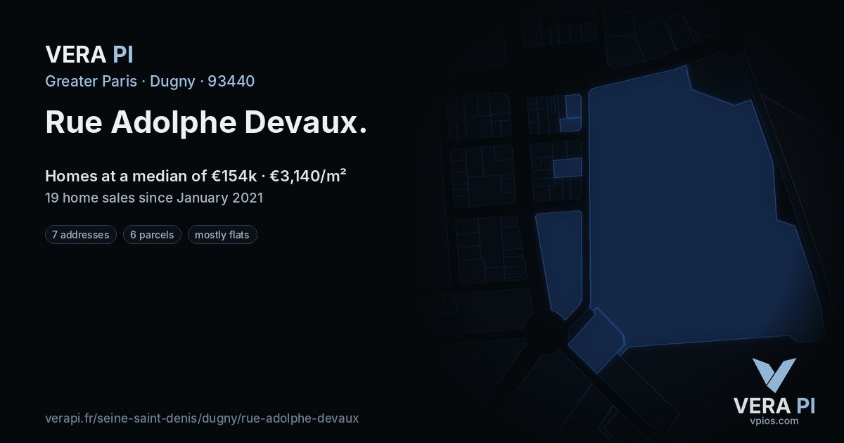 Rue Adolphe Devaux, Dugny at night – every parcel coloured by the prices around it, the street's own parcels lit