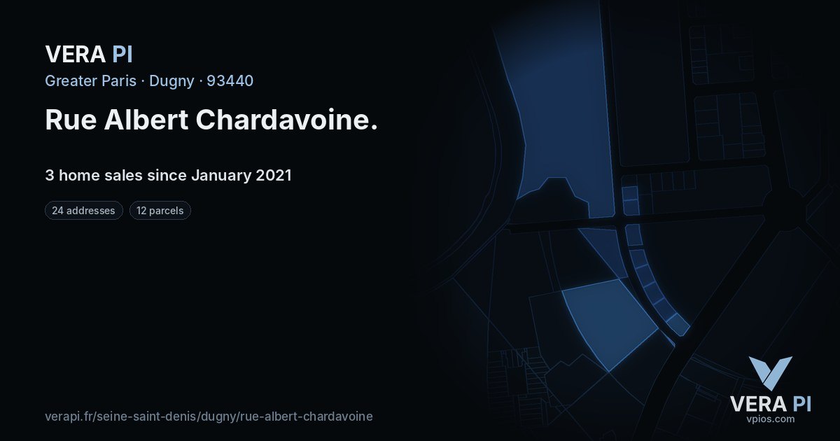 Rue Albert Chardavoine, Dugny at night – every parcel coloured by the prices around it, the street's own parcels lit