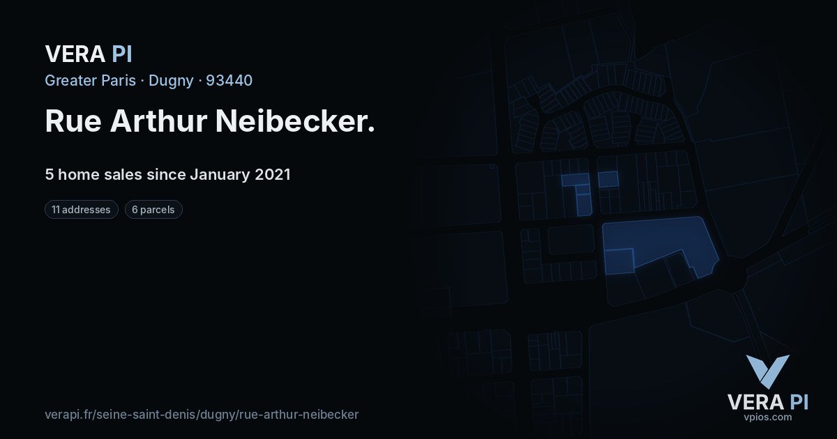 Rue Arthur Neibecker, Dugny at night – every parcel coloured by the prices around it, the street's own parcels lit