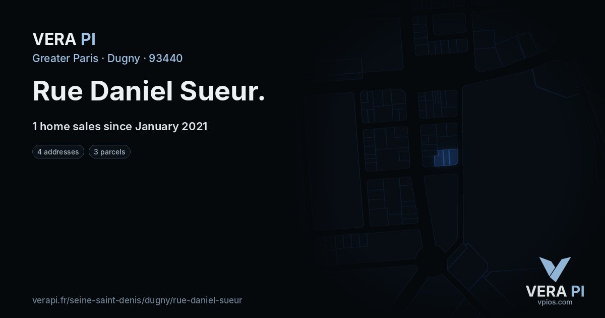 Rue Daniel Sueur, Dugny at night – every parcel coloured by the prices around it, the street's own parcels lit
