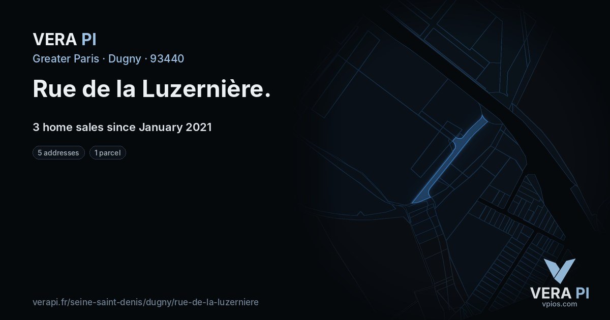 Rue de la Luzernière, Dugny at night – every parcel coloured by the prices around it, the street's own parcels lit