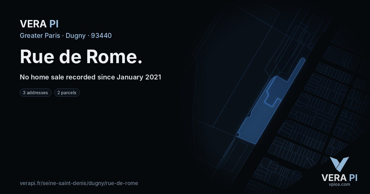 Rue de Rome, Dugny at night – every parcel coloured by the prices around it, the street's own parcels lit