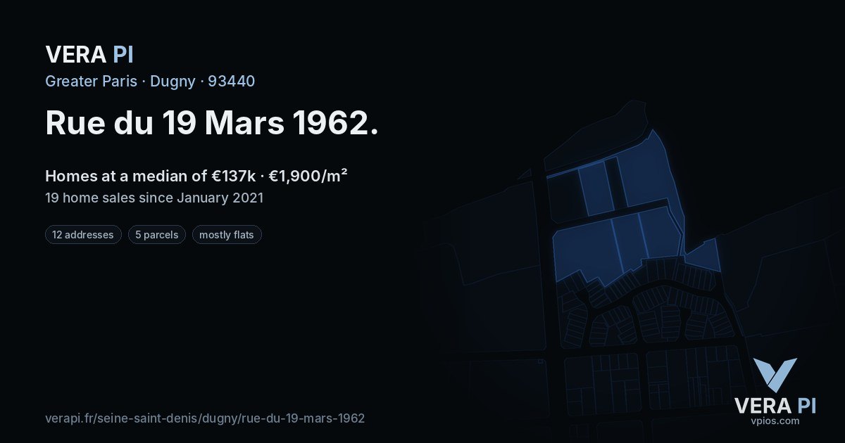 Rue du 19 Mars 1962, Dugny at night – every parcel coloured by the prices around it, the street's own parcels lit