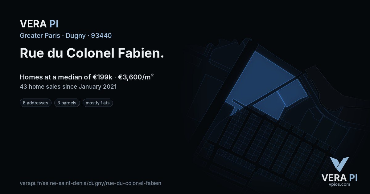Rue du Colonel Fabien, Dugny at night – every parcel coloured by the prices around it, the street's own parcels lit