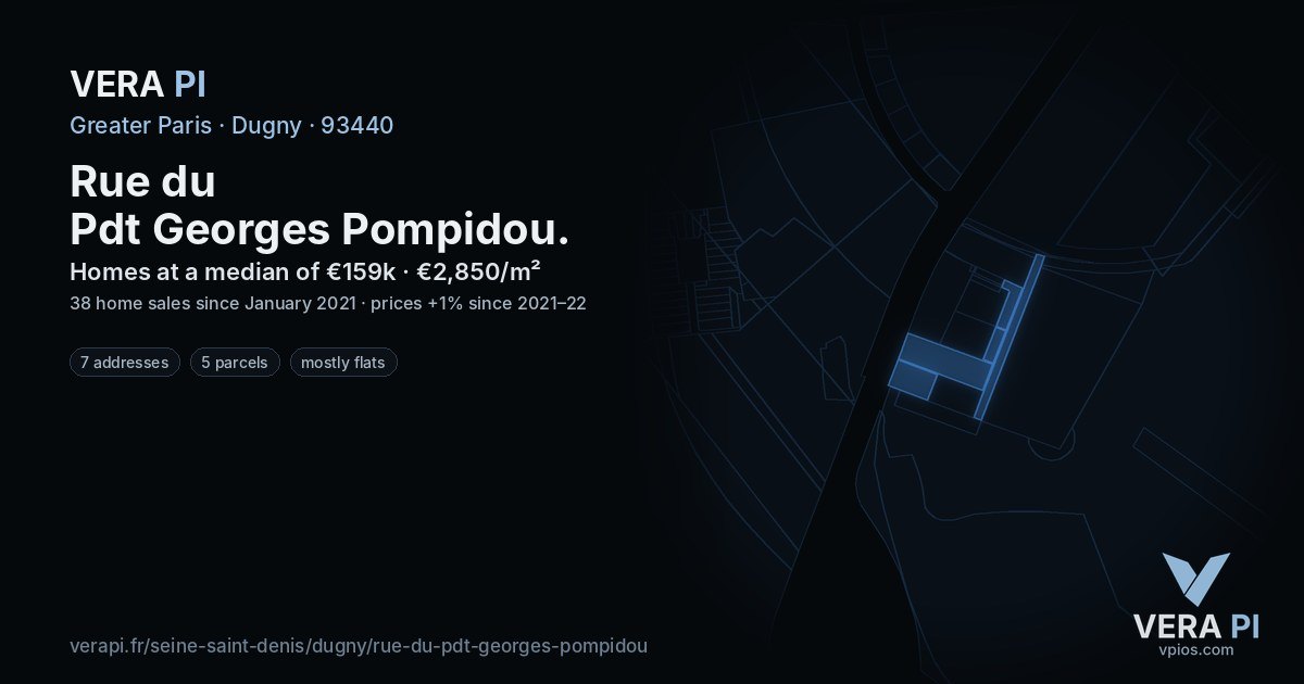 Rue du Pdt Georges Pompidou, Dugny at night – every parcel coloured by the prices around it, the street's own parcels lit