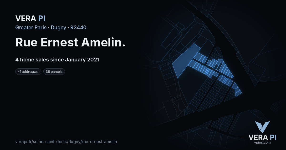 Rue Ernest Amelin, Dugny at night – every parcel coloured by the prices around it, the street's own parcels lit