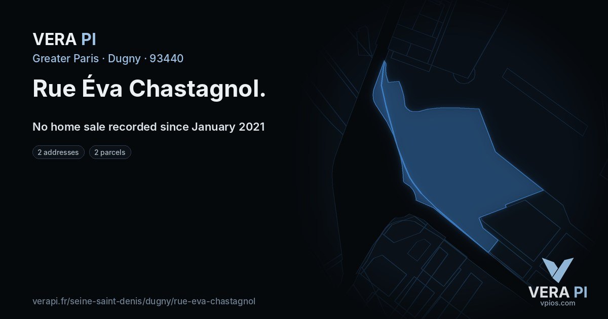 Rue Éva Chastagnol, Dugny at night – every parcel coloured by the prices around it, the street's own parcels lit