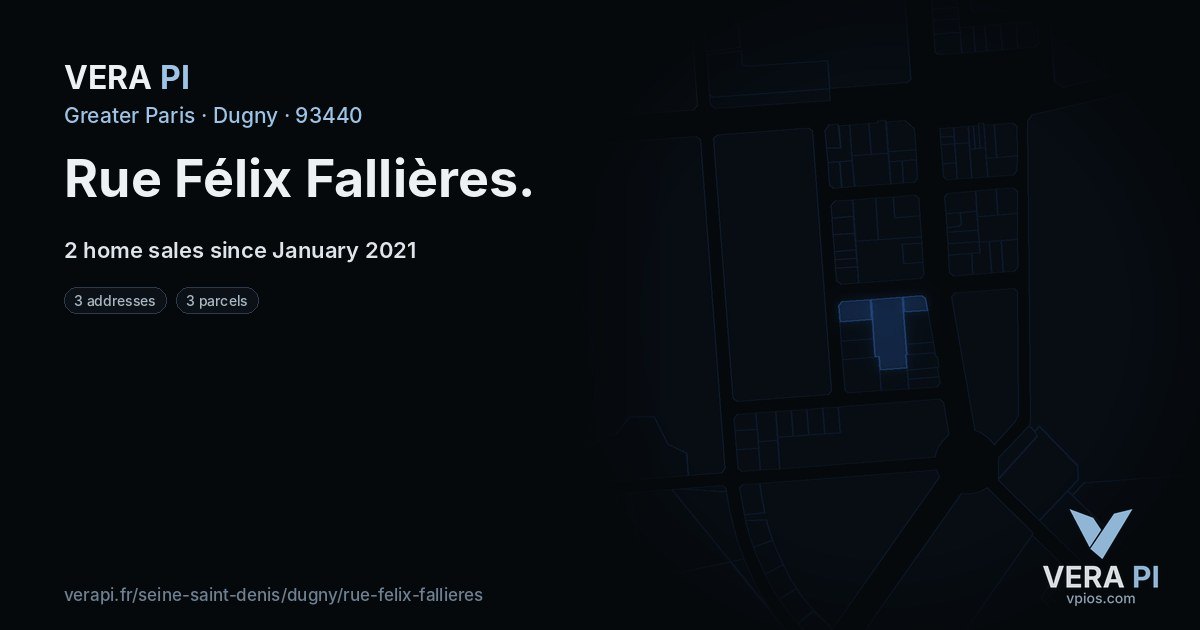 Rue Félix Fallières, Dugny at night – every parcel coloured by the prices around it, the street's own parcels lit