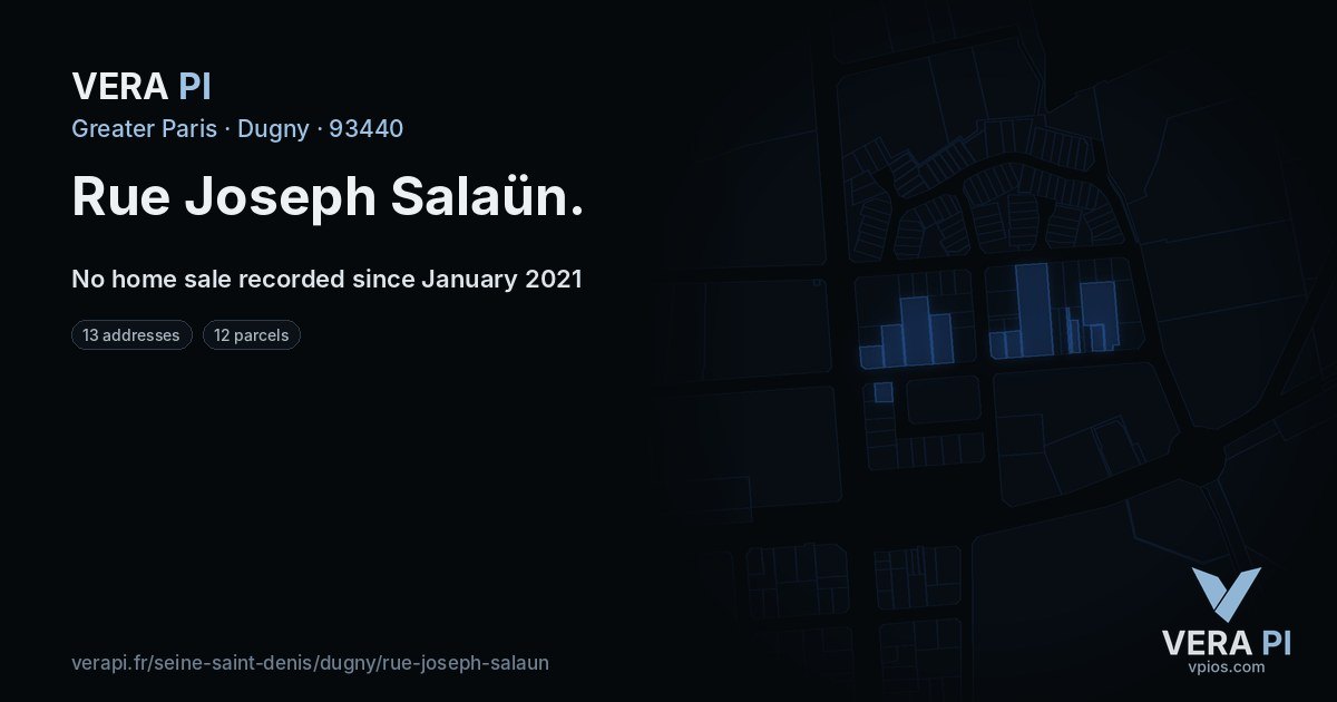 Rue Joseph Salaün, Dugny at night – every parcel coloured by the prices around it, the street's own parcels lit