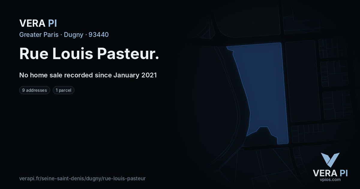 Rue Louis Pasteur, Dugny at night – every parcel coloured by the prices around it, the street's own parcels lit