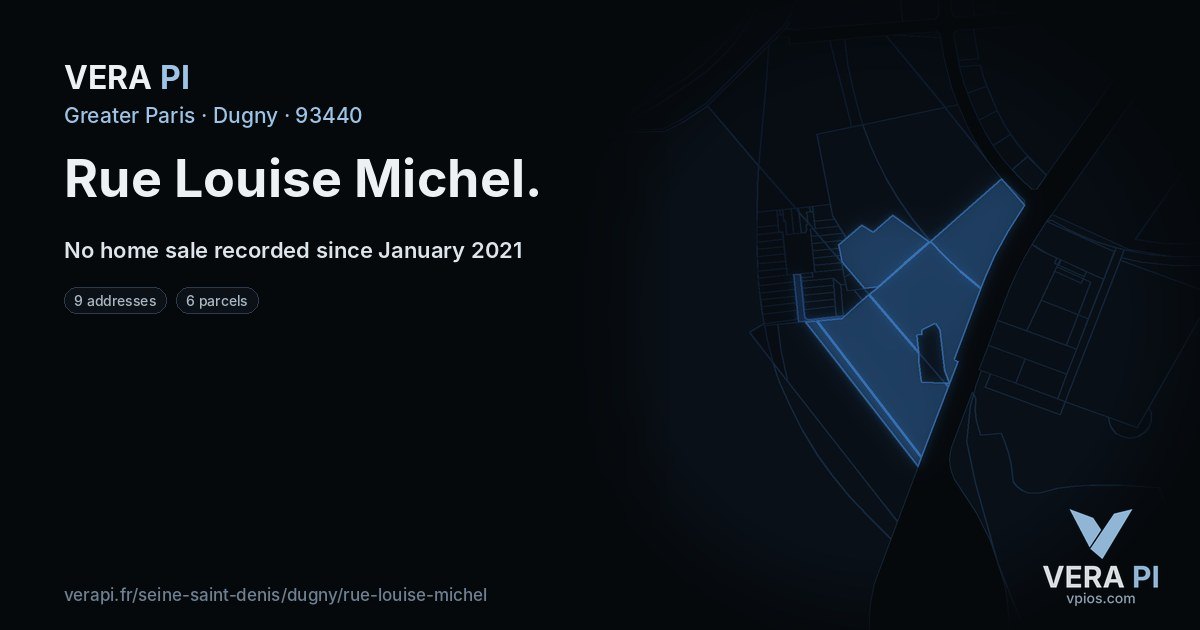 Rue Louise Michel, Dugny at night – every parcel coloured by the prices around it, the street's own parcels lit