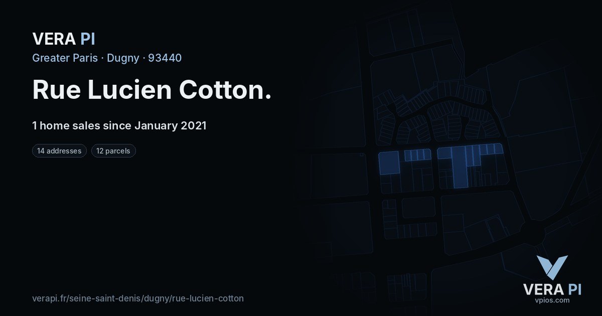 Rue Lucien Cotton, Dugny at night – every parcel coloured by the prices around it, the street's own parcels lit