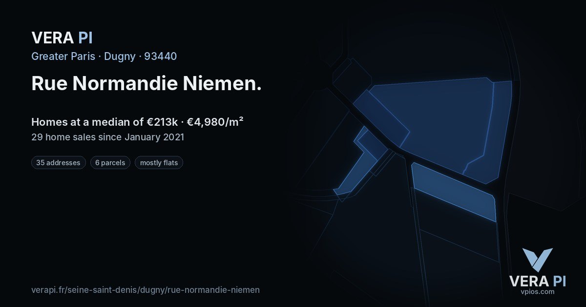 Rue Normandie Niemen, Dugny at night – every parcel coloured by the prices around it, the street's own parcels lit