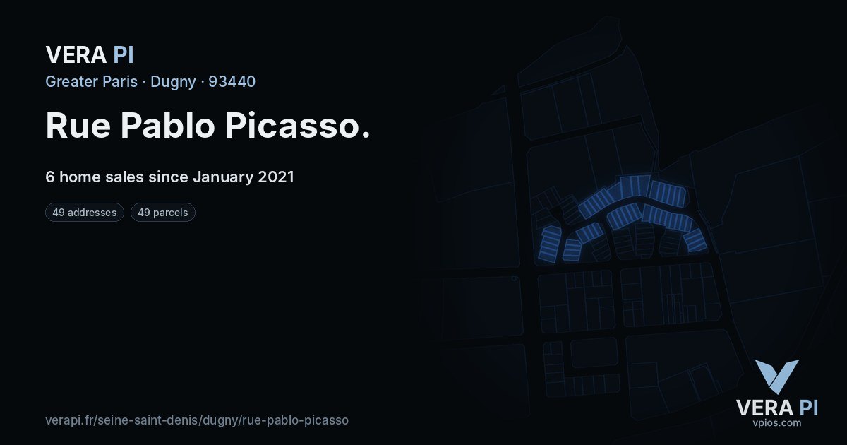 Rue Pablo Picasso, Dugny at night – every parcel coloured by the prices around it, the street's own parcels lit