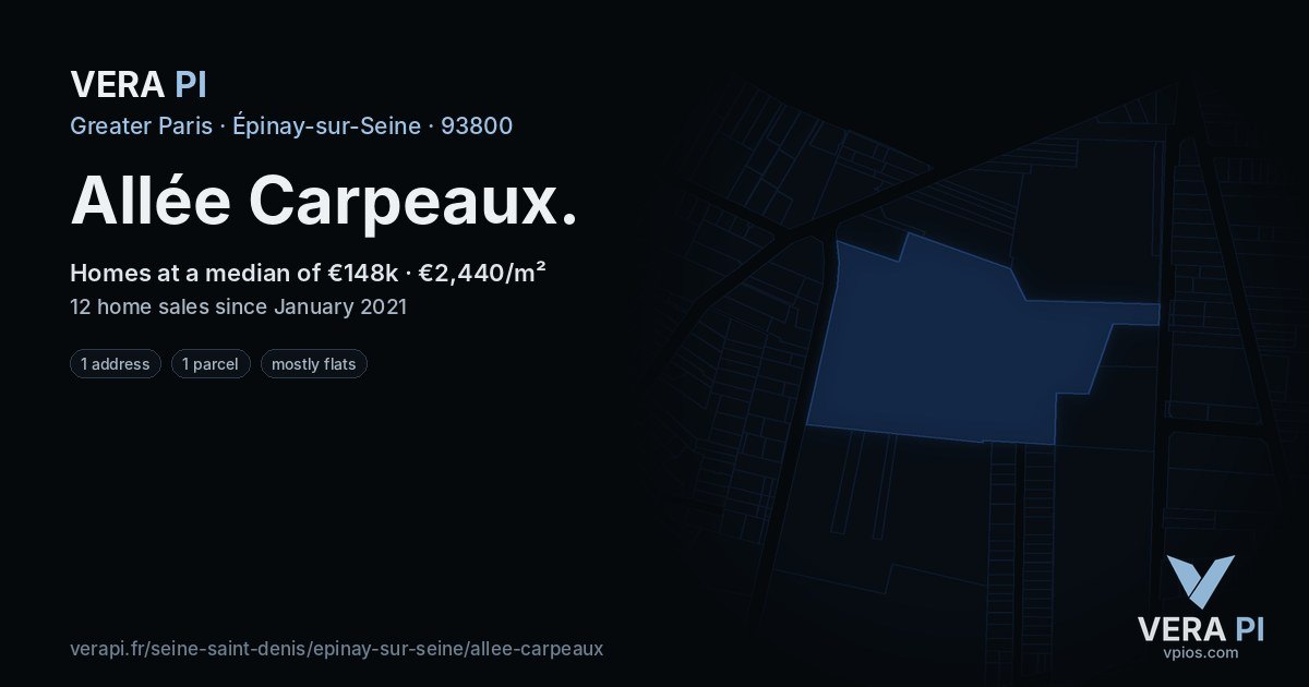 Allée Carpeaux, Épinay-sur-Seine at night – every parcel coloured by the prices around it, the street's own parcels lit