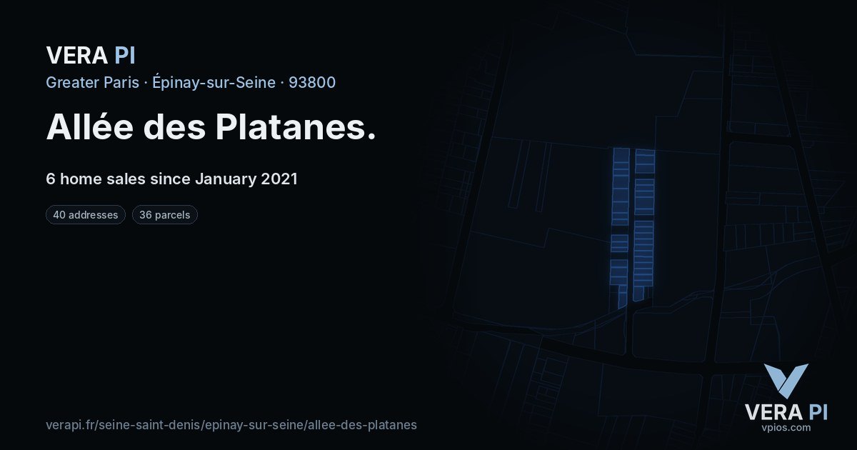Allée des Platanes, Épinay-sur-Seine at night – every parcel coloured by the prices around it, the street's own parcels lit