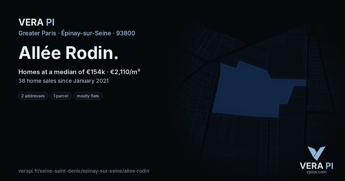 Allée Rodin, Épinay-sur-Seine at night – every parcel coloured by the prices around it, the street's own parcels lit