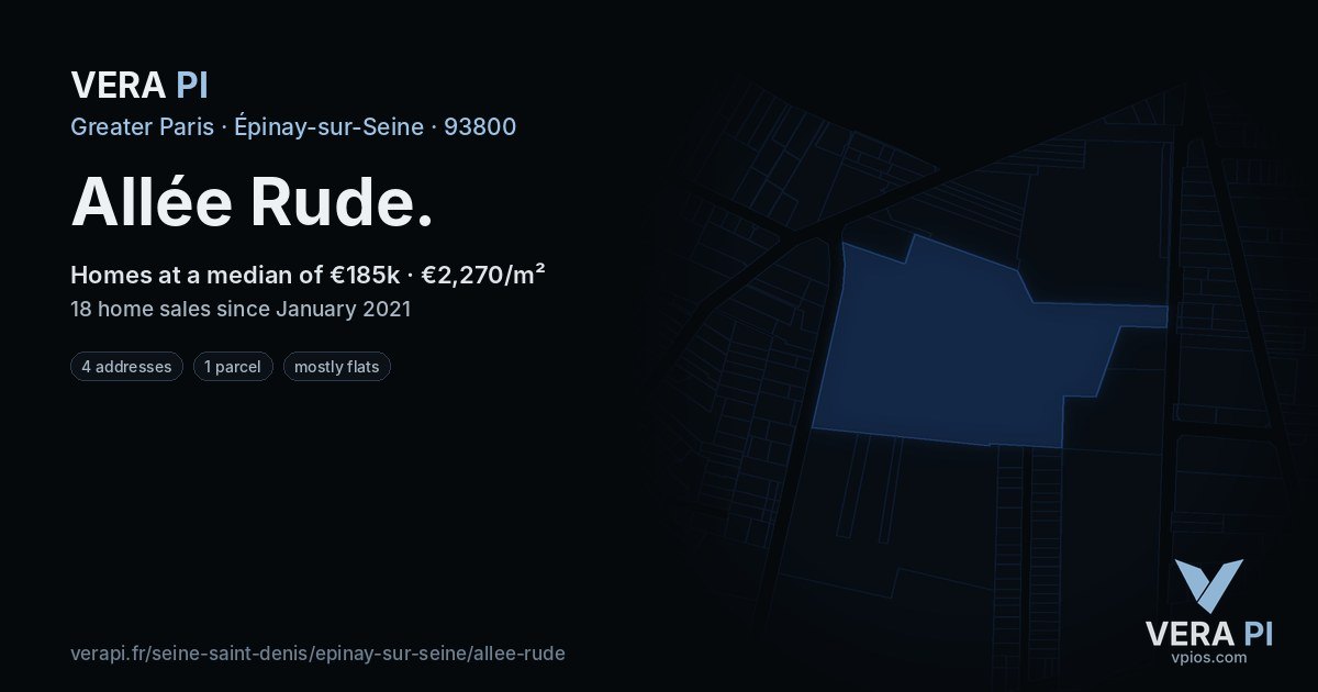 Allée Rude, Épinay-sur-Seine at night – every parcel coloured by the prices around it, the street's own parcels lit