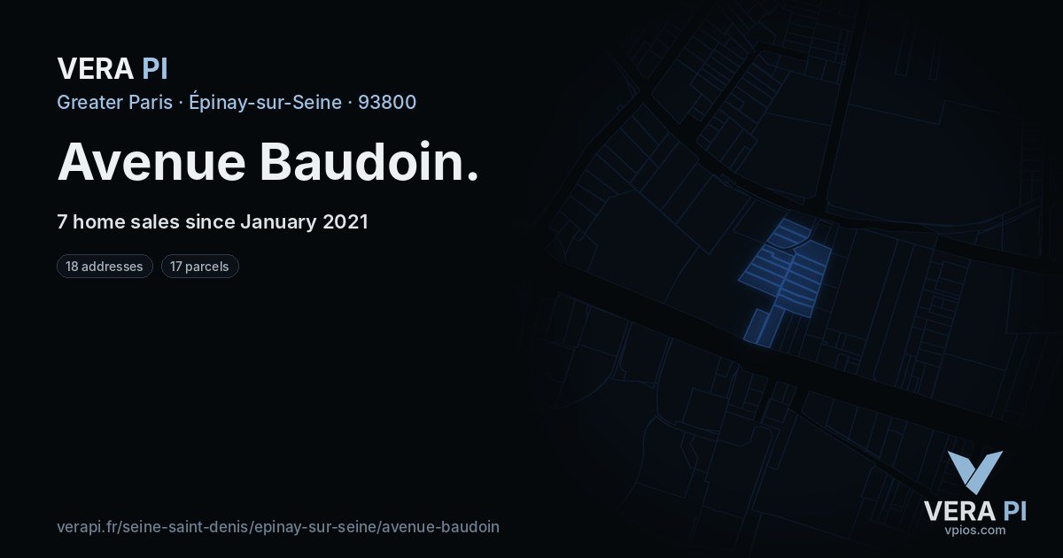 Avenue Baudoin, Épinay-sur-Seine at night – every parcel coloured by the prices around it, the street's own parcels lit