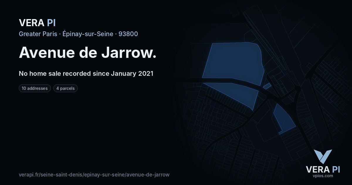 Avenue de Jarrow, Épinay-sur-Seine at night – every parcel coloured by the prices around it, the street's own parcels lit
