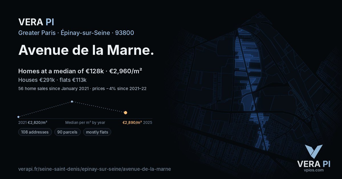 Avenue de la Marne, Épinay-sur-Seine at night – every parcel coloured by the prices around it, the street's own parcels lit