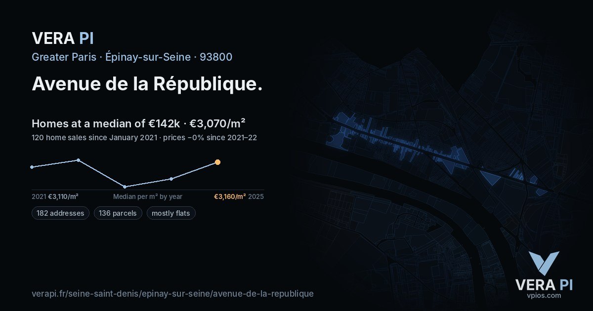Avenue de la République, Épinay-sur-Seine at night – every parcel coloured by the prices around it, the street's own parcels lit