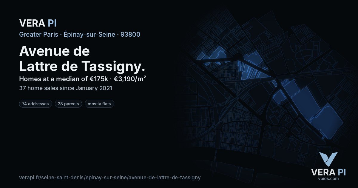 Avenue de Lattre de Tassigny, Épinay-sur-Seine at night – every parcel coloured by the prices around it, the street's own parcels lit