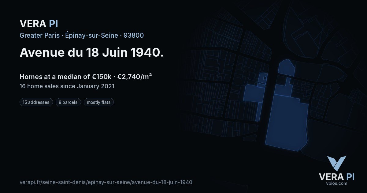 Avenue du 18 Juin 1940, Épinay-sur-Seine at night – every parcel coloured by the prices around it, the street's own parcels lit