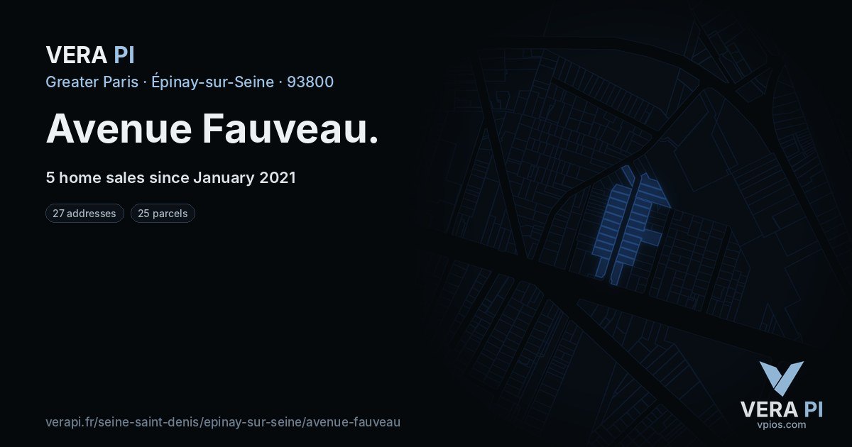 Avenue Fauveau, Épinay-sur-Seine at night – every parcel coloured by the prices around it, the street's own parcels lit