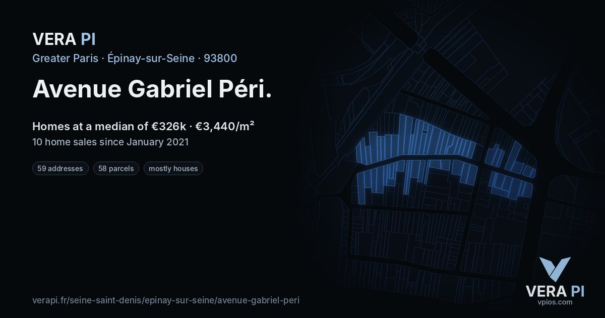 Avenue Gabriel Péri, Épinay-sur-Seine at night – every parcel coloured by the prices around it, the street's own parcels lit