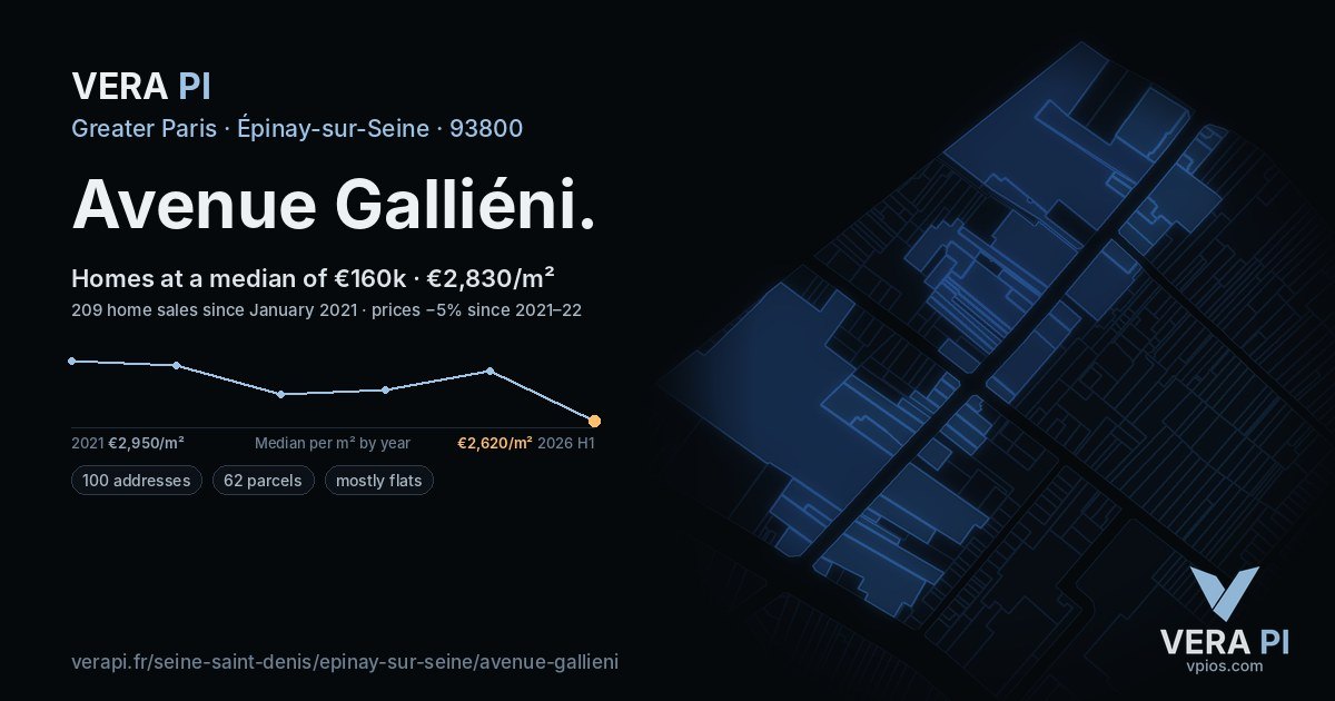 Avenue Galliéni, Épinay-sur-Seine at night – every parcel coloured by the prices around it, the street's own parcels lit