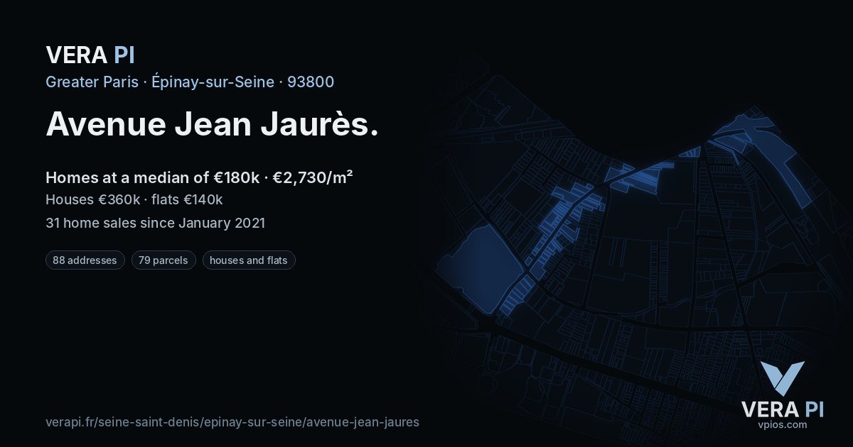 Avenue Jean Jaurès, Épinay-sur-Seine at night – every parcel coloured by the prices around it, the street's own parcels lit