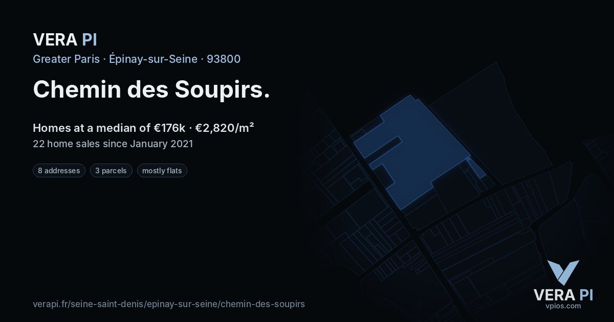 Chemin des Soupirs, Épinay-sur-Seine at night – every parcel coloured by the prices around it, the street's own parcels lit