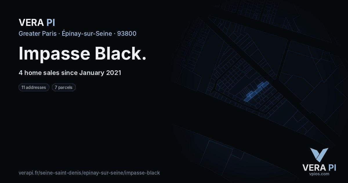 Impasse Black, Épinay-sur-Seine at night – every parcel coloured by the prices around it, the street's own parcels lit