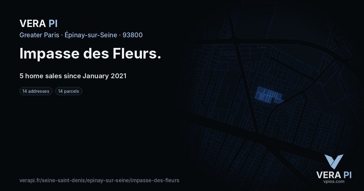 Impasse des Fleurs, Épinay-sur-Seine at night – every parcel coloured by the prices around it, the street's own parcels lit