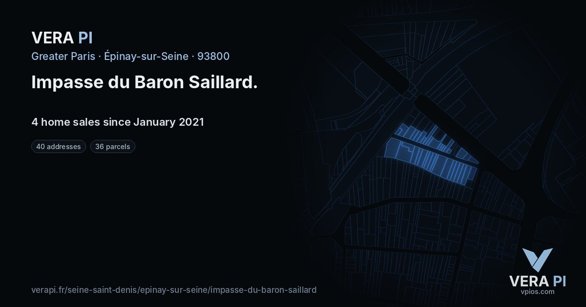 Impasse du Baron Saillard, Épinay-sur-Seine at night – every parcel coloured by the prices around it, the street's own parcels lit
