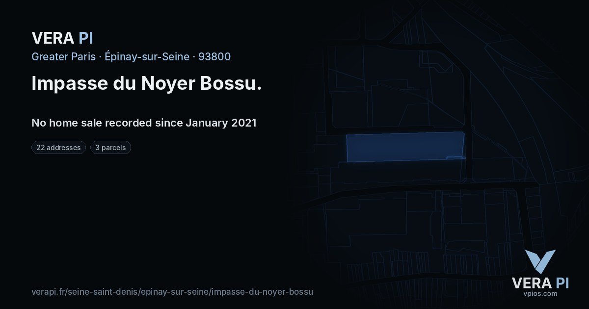 Impasse du Noyer Bossu, Épinay-sur-Seine at night – every parcel coloured by the prices around it, the street's own parcels lit
