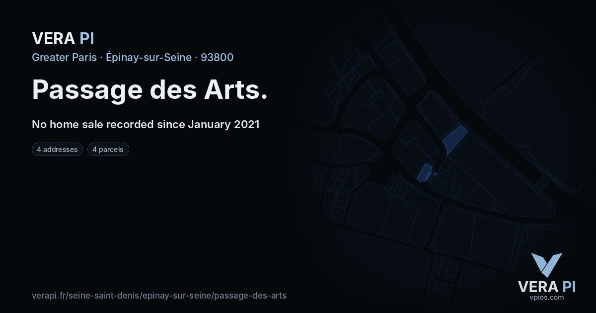 Passage des Arts, Épinay-sur-Seine at night – every parcel coloured by the prices around it, the street's own parcels lit